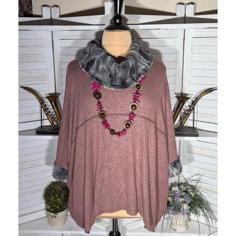 Vine Street made in USA poncho faux fur rose pink gray boho soft warm sz 1X